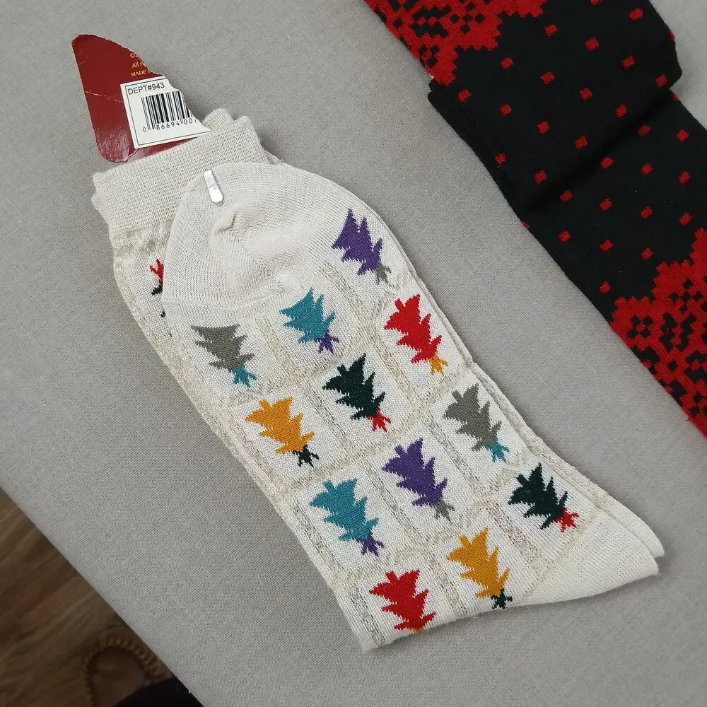 2 Pair of Women's Christmas Socks new old stock black red fair isle white trees